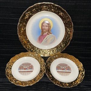 Vintage Sabin’s Crown O Gold Jesus & Last Supper Decorative Plate Set